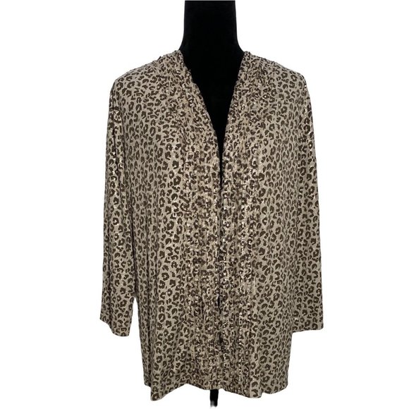 Travelers By Chicos 3 Cardigan Sweater Knit Topper XL Gray Brown Metallic Print - Picture 1 of 8